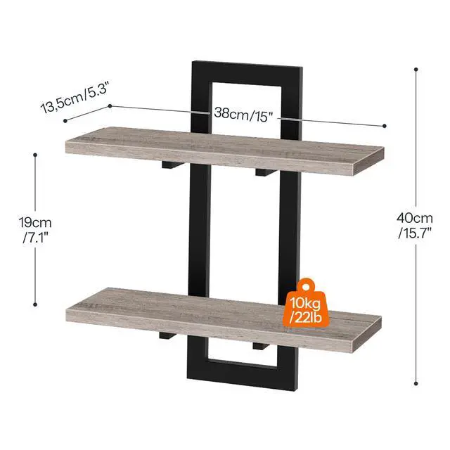 Alt view image 2 of 7 - Floating Shelves, 15 Inch Wall Shelf Set of 4, Wall Mounted Storage Shelves 2-Tier, Hanging Bathroom Shelves, for Living Room, Bedroom, Bathroom, Kitchen, Greige and Black BG32BJP401