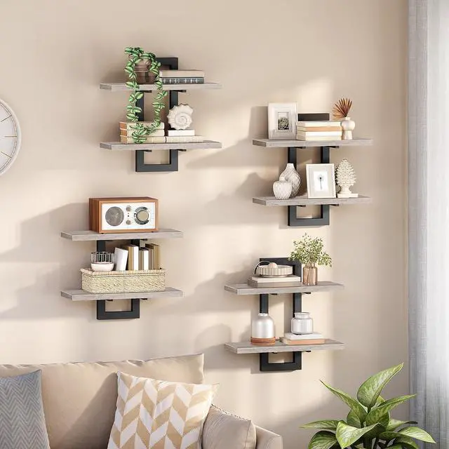 Main image of Floating Shelves, 15 Inch Wall Shelf Set of 4, Wall Mounted Storage Shelves 2-Tier, Hanging Bathroom Shelves, for Living Room, Bedroom, Bathroom, Kitchen, Greige and Black BG32BJP401