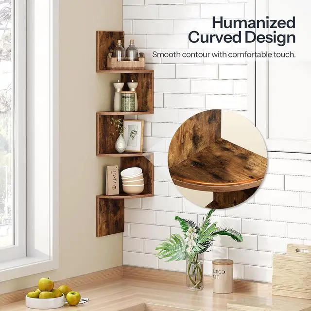 Alt view image 7 of 7 - Corner Shelf Wall-Mounted, Set of 2 Floating Corner Shelves for Wall, 4-Tier Corner Bookshelves for Living Room, Bedroom, Bathroom, Home Office, Rustic Brown BF25BJP201