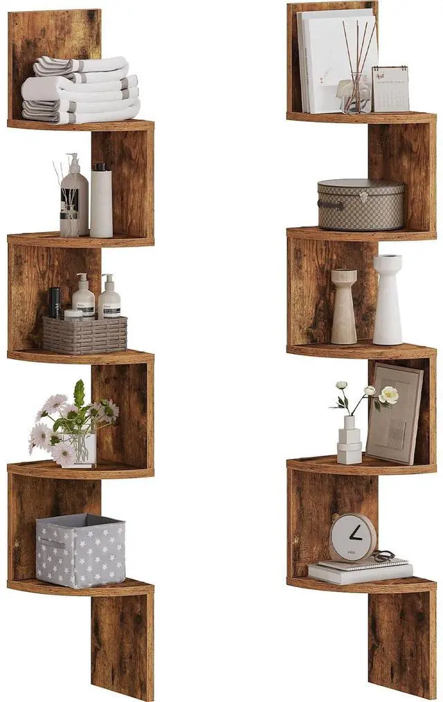 Main image of Corner Shelf Wall-Mounted, Set of 2 Floating Corner Shelves for Wall, 5-Tier Corner Bookshelves for Living Room, Bedroom, Bathroom, Home Office, Rustic Brown BF26BJP201