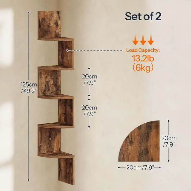 Alt view image 2 of 7 - Corner Shelf Wall-Mounted, Set of 2 Floating Corner Shelves for Wall, 5-Tier Corner Bookshelves for Living Room, Bedroom, Bathroom, Home Office, Rustic Brown BF26BJP201