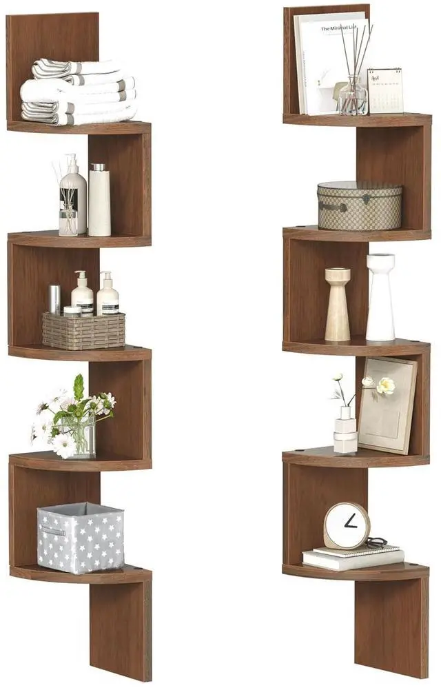 Main image of Corner Shelf Wall-Mounted, Set of 2 Floating Corner Shelves for Wall, 5-Tier Corner Bookshelves for Living Room, Bedroom, Bathroom, Home Office, Walnut WL26BJP201