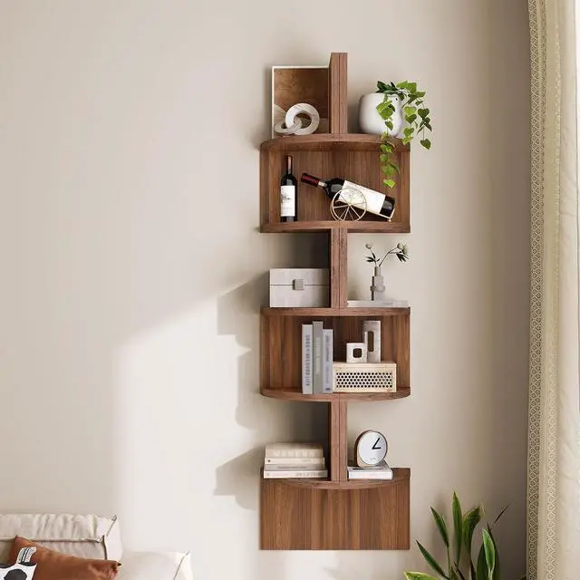Alt view image 2 of 7 - Corner Shelf Wall-Mounted, Set of 2 Floating Corner Shelves for Wall, 5-Tier Corner Bookshelves for Living Room, Bedroom, Bathroom, Home Office, Walnut WL26BJP201