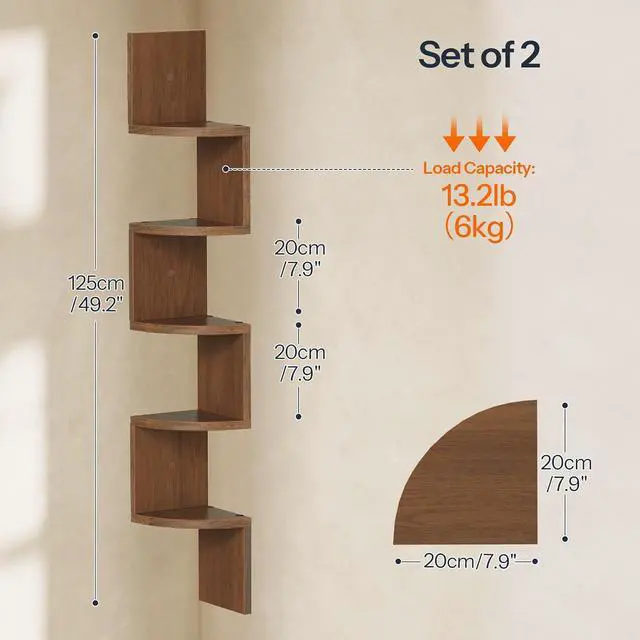 Alt view image 3 of 7 - Corner Shelf Wall-Mounted, Set of 2 Floating Corner Shelves for Wall, 5-Tier Corner Bookshelves for Living Room, Bedroom, Bathroom, Home Office, Walnut WL26BJP201