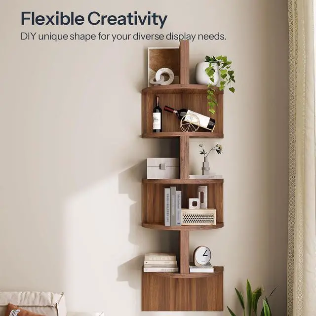 Alt view image 5 of 7 - Corner Shelf Wall-Mounted, Set of 2 Floating Corner Shelves for Wall, 5-Tier Corner Bookshelves for Living Room, Bedroom, Bathroom, Home Office, Walnut WL26BJP201