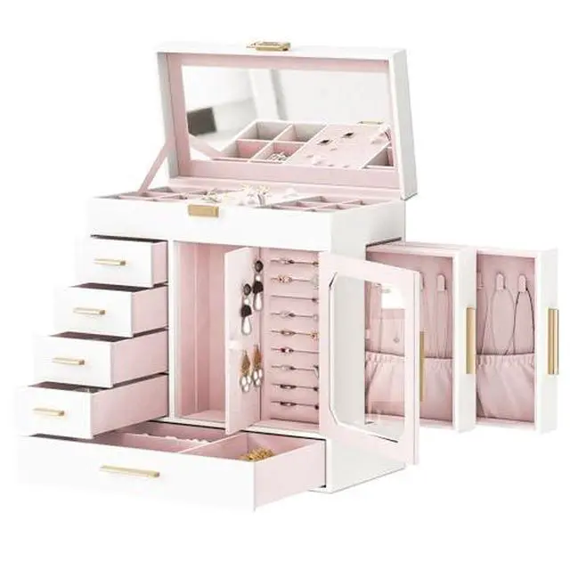 Alt view image 2 of 7 - Jewelry Box with Mirror and Mobile Makeup Storage with Swivel Casters and Leveling Feet Bundles, Vertical Storage, Cosmetics Display Holder, Glass Cover, Modern Style WT06JB04G1-WN20TC04