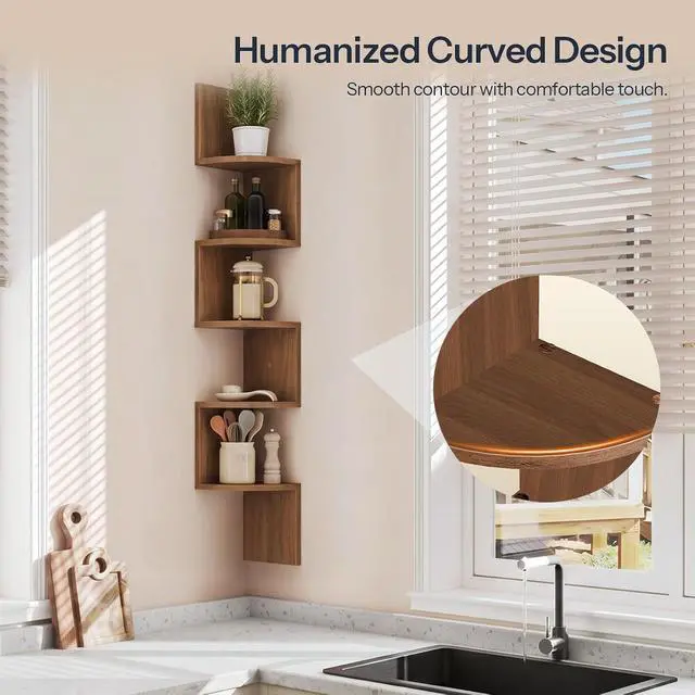 Alt view image 6 of 7 - Corner Shelf Wall-Mounted, Set of 2 Floating Corner Shelves for Wall, 5-Tier Corner Bookshelves for Living Room, Bedroom, Bathroom, Home Office, Walnut WL26BJP201