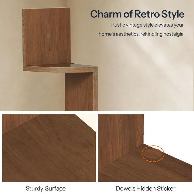 Alt view image 7 of 7 - Corner Shelf Wall-Mounted, Set of 2 Floating Corner Shelves for Wall, 5-Tier Corner Bookshelves for Living Room, Bedroom, Bathroom, Home Office, Walnut WL26BJP201