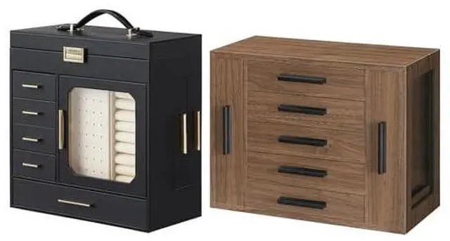 Main image of Jewelry Box with Mirror and 5-Tier Jewelry Box Bundle, Hand-Held Jewelry Case, Jewelry Storage Box with 2 Vertical Drawers, BK06JB04G1-BH19JB04