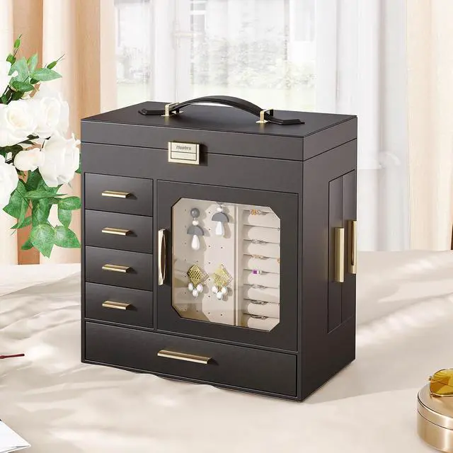 Alt view image 3 of 7 - Jewelry Box with Mirror, Jewelry Organizer Box with Capacious Storage Space, Jewelry Holder Organizer, Hand-Held Jewelry Case, Glass Cover, Modern Style, Black and Light Gold BK06JB04G1