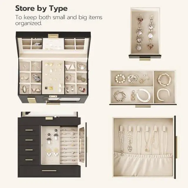 Alt view image 3 of 7 - Jewelry Box with Mirror and 5-Tier Jewelry Box Bundle, Hand-Held Jewelry Case, Jewelry Storage Box with 2 Vertical Drawers, BK06JB04G1-BH19JB04