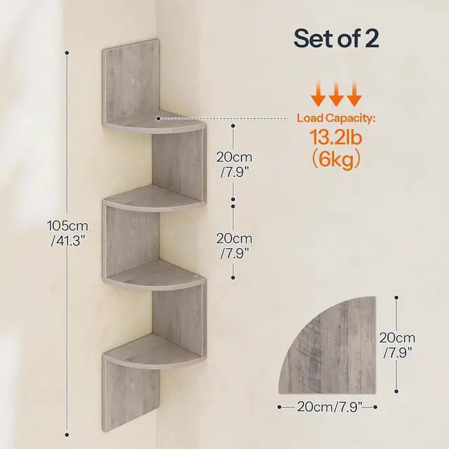 Alt view image 3 of 7 - Corner Shelf Wall-Mounted, Set of 2 Floating Corner Shelves for Wall, 4-Tier Corner Bookshelves for Wall Decor in Living Room, Bedroom, Bathroom, Home Office, Greige BG25BJP201