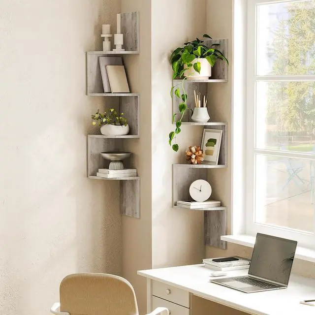 Alt view image 2 of 7 - Corner Shelf Wall-Mounted, Set of 2 Floating Corner Shelves for Wall, 4-Tier Corner Bookshelves for Wall Decor in Living Room, Bedroom, Bathroom, Home Office, Greige BG25BJP201