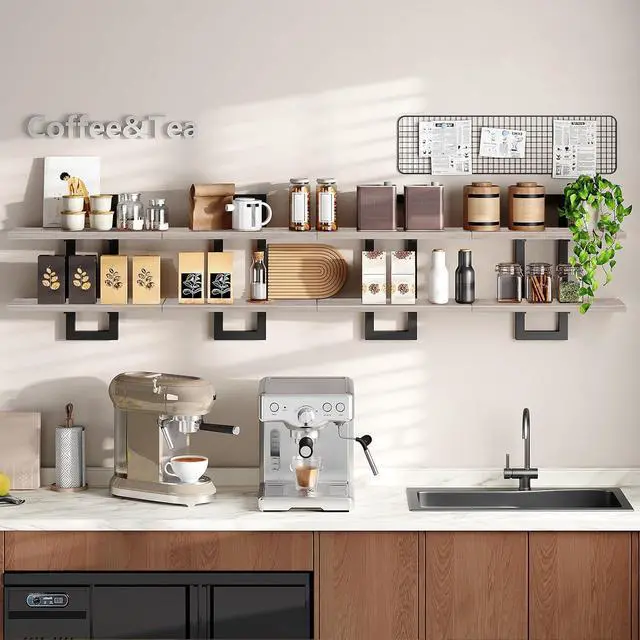Alt view image 3 of 7 - Floating Shelves, 15 Inch Wall Shelf Set of 4, Wall Mounted Storage Shelves 2-Tier, Hanging Bathroom Shelves, for Living Room, Bedroom, Bathroom, Kitchen, Greige and Black BG32BJP401