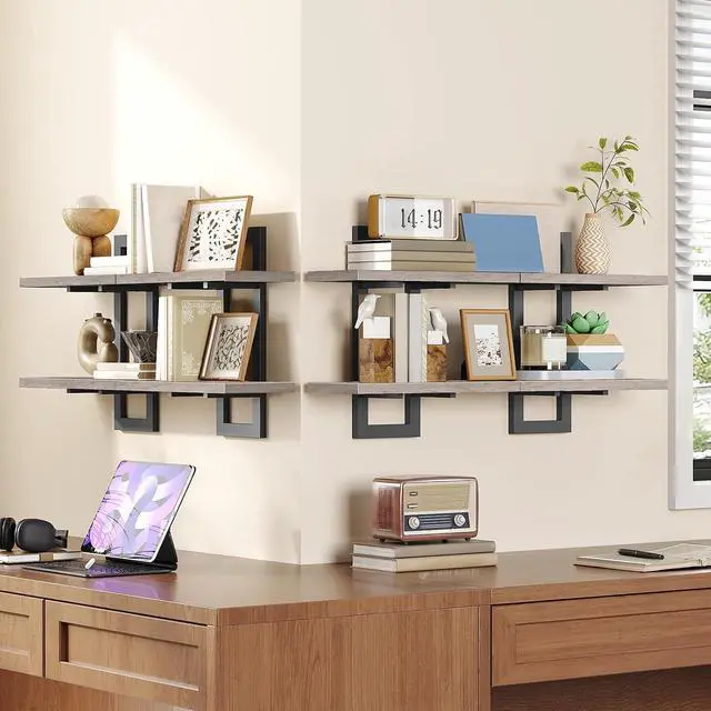 Alt view image 4 of 7 - Floating Shelves, 15 Inch Wall Shelf Set of 4, Wall Mounted Storage Shelves 2-Tier, Hanging Bathroom Shelves, for Living Room, Bedroom, Bathroom, Kitchen, Greige and Black BG32BJP401