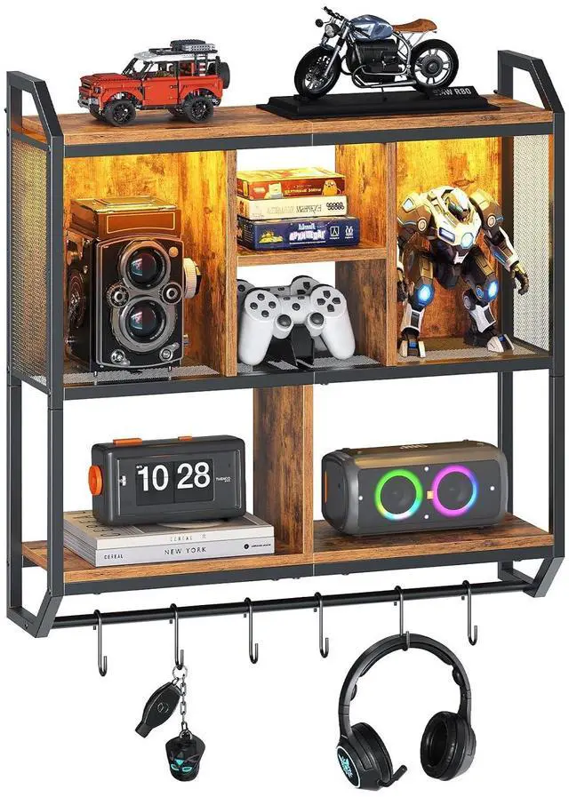 Main image of Gaming Floating Shelf with LED Lights, 28.7" LED Wall Mounted Shelf, 3-Tier Display Rack for Wall Storage, Floating Rack with Hanging Rod and 6 S-Hooks, Rustic Brown and Black BF70DBJ01