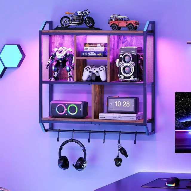 Alt view image 2 of 7 - Gaming Floating Shelf with LED Lights, 28.7" LED Wall Mounted Shelf, 3-Tier Display Rack for Wall Storage, Floating Rack with Hanging Rod and 6 S-Hooks, Rustic Brown and Black BF70DBJ01