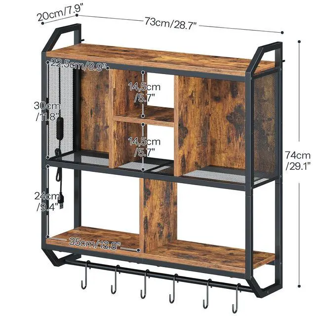 Alt view image 3 of 7 - Gaming Floating Shelf with LED Lights, 28.7" LED Wall Mounted Shelf, 3-Tier Display Rack for Wall Storage, Floating Rack with Hanging Rod and 6 S-Hooks, Rustic Brown and Black BF70DBJ01