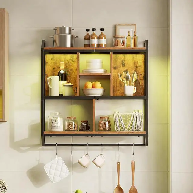 Alt view image 4 of 7 - Gaming Floating Shelf with LED Lights, 28.7" LED Wall Mounted Shelf, 3-Tier Display Rack for Wall Storage, Floating Rack with Hanging Rod and 6 S-Hooks, Rustic Brown and Black BF70DBJ01