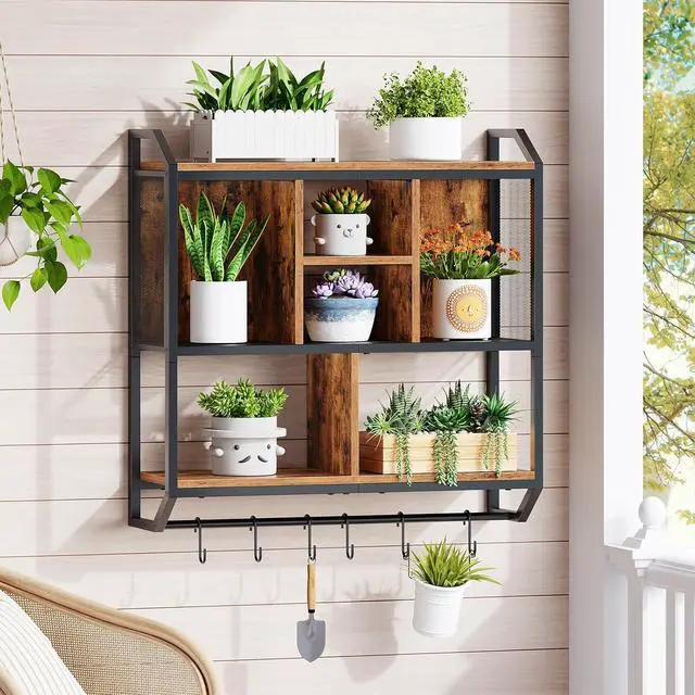Alt view image 5 of 7 - Gaming Floating Shelf with LED Lights, 28.7" LED Wall Mounted Shelf, 3-Tier Display Rack for Wall Storage, Floating Rack with Hanging Rod and 6 S-Hooks, Rustic Brown and Black BF70DBJ01