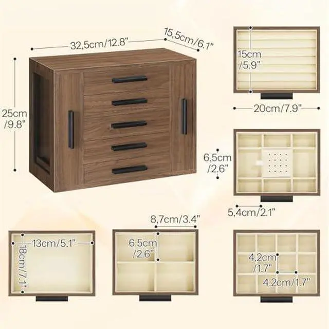 Alt view image 7 of 7 - Jewelry Box with Mirror and 5-Tier Jewelry Box Bundle, Hand-Held Jewelry Case, Jewelry Storage Box with 2 Vertical Drawers, BK06JB04G1-BH19JB04