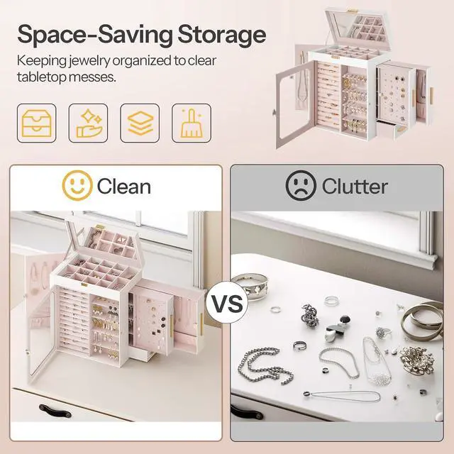 Alt view image 7 of 7 - Jewelry Box with Mirror, Travel Jewelry Organizer with Glass Window, Jewelry Storage Case, Vertical Storage, Gift for Loved Ones, for Earrings, Rings, Necklaces, Bracelets, White WT03JB04G2
