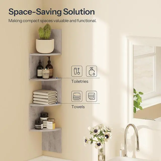 Alt view image 7 of 7 - Corner Shelf Wall-Mounted, Set of 2 Floating Corner Shelves for Wall, 4-Tier Corner Bookshelves for Wall Decor in Living Room, Bedroom, Bathroom, Home Office, Greige BG25BJP201