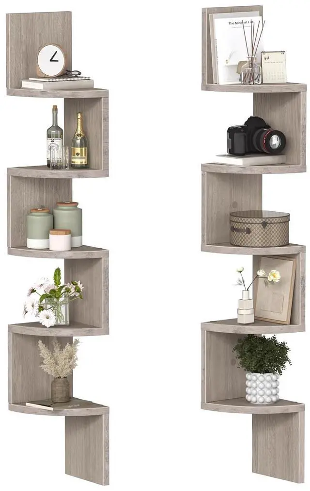 Main image of Corner Shelf Wall-Mounted, Set of 2 Floating Corner Shelves for Wall, 5-Tier Corner Bookshelves for Living Room, Bedroom, Bathroom, Home Office, Greige BG26BJP201