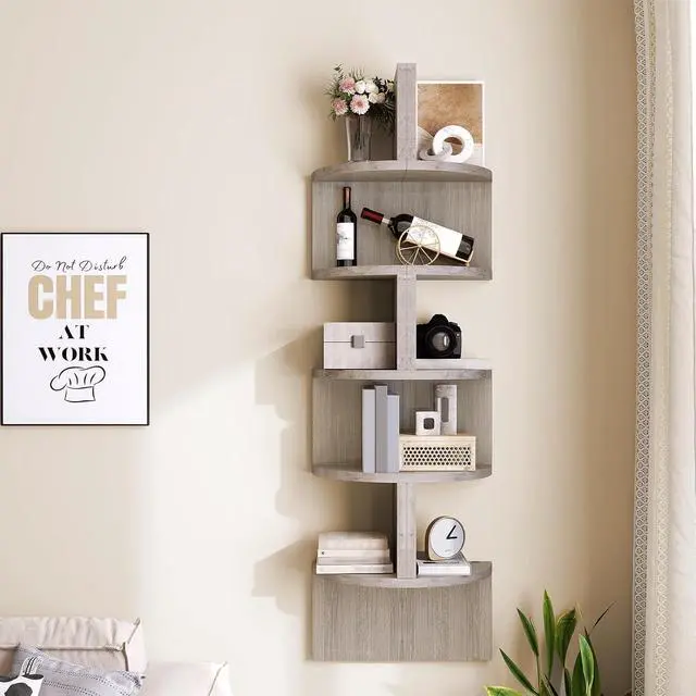 Alt view image 2 of 7 - Corner Shelf Wall-Mounted, Set of 2 Floating Corner Shelves for Wall, 5-Tier Corner Bookshelves for Living Room, Bedroom, Bathroom, Home Office, Greige BG26BJP201