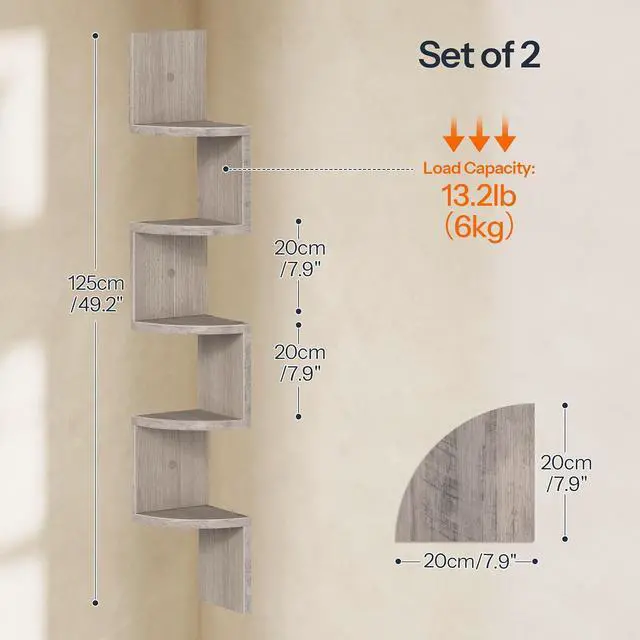 Alt view image 3 of 7 - Corner Shelf Wall-Mounted, Set of 2 Floating Corner Shelves for Wall, 5-Tier Corner Bookshelves for Living Room, Bedroom, Bathroom, Home Office, Greige BG26BJP201