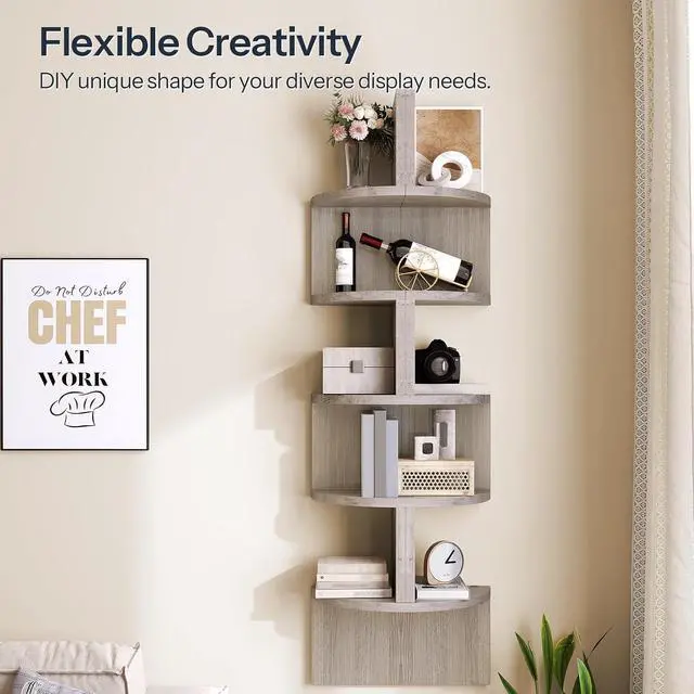 Alt view image 5 of 7 - Corner Shelf Wall-Mounted, Set of 2 Floating Corner Shelves for Wall, 5-Tier Corner Bookshelves for Living Room, Bedroom, Bathroom, Home Office, Greige BG26BJP201