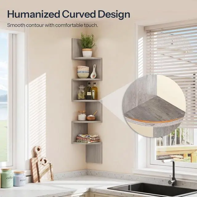 Alt view image 6 of 7 - Corner Shelf Wall-Mounted, Set of 2 Floating Corner Shelves for Wall, 5-Tier Corner Bookshelves for Living Room, Bedroom, Bathroom, Home Office, Greige BG26BJP201