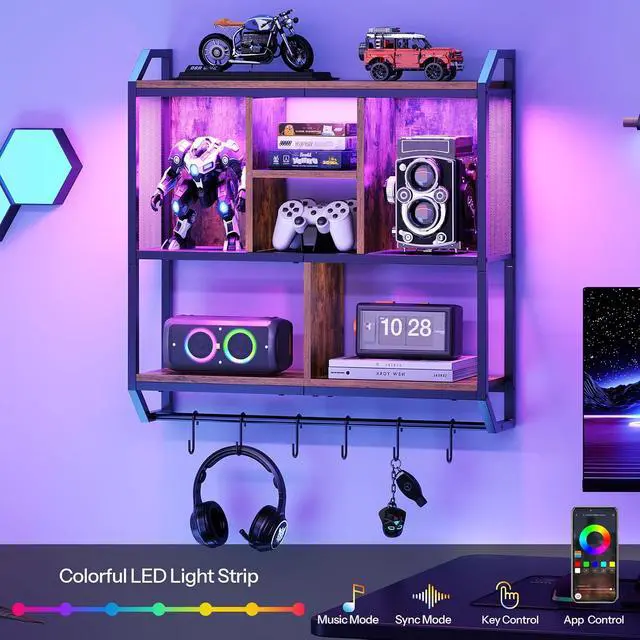 Alt view image 6 of 7 - Gaming Floating Shelf with LED Lights, 28.7" LED Wall Mounted Shelf, 3-Tier Display Rack for Wall Storage, Floating Rack with Hanging Rod and 6 S-Hooks, Rustic Brown and Black BF70DBJ01