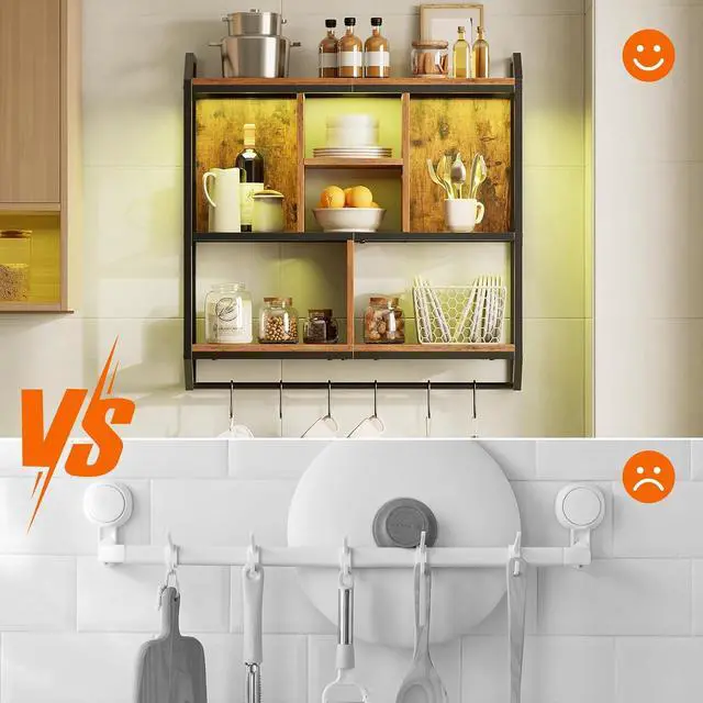 Alt view image 7 of 7 - Gaming Floating Shelf with LED Lights, 28.7" LED Wall Mounted Shelf, 3-Tier Display Rack for Wall Storage, Floating Rack with Hanging Rod and 6 S-Hooks, Rustic Brown and Black BF70DBJ01
