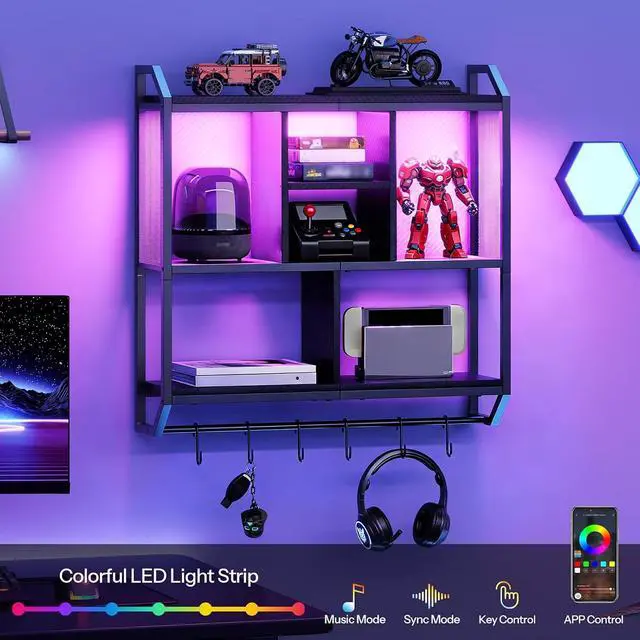 Alt view image 4 of 7 - Gaming Floating Shelves with LED Lights, 28.7" LED Wall Mounted Shelf, 3-Tier Display Rack for Wall Storage, Floating Rack with Hanging Rod and 6 S-Hooks, for Gaming Room, Black BB70DBJ01