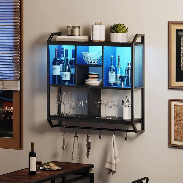 Alt view image 5 of 7 - Gaming Floating Shelves with LED Lights, 28.7" LED Wall Mounted Shelf, 3-Tier Display Rack for Wall Storage, Floating Rack with Hanging Rod and 6 S-Hooks, for Gaming Room, Black BB70DBJ01