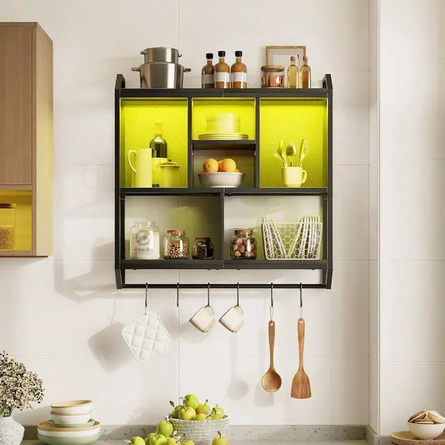 Alt view image 6 of 7 - Gaming Floating Shelves with LED Lights, 28.7" LED Wall Mounted Shelf, 3-Tier Display Rack for Wall Storage, Floating Rack with Hanging Rod and 6 S-Hooks, for Gaming Room, Black BB70DBJ01