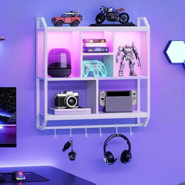 Main image of Gaming Floating Shelves with LED Lights, 28.7" LED Wall Mounted Shelf, 3-Tier Display Rack for Wall Storage, Floating Rack with Hanging Rod and 6 S-Hooks, for Gaming Room, White WT70DBJ01