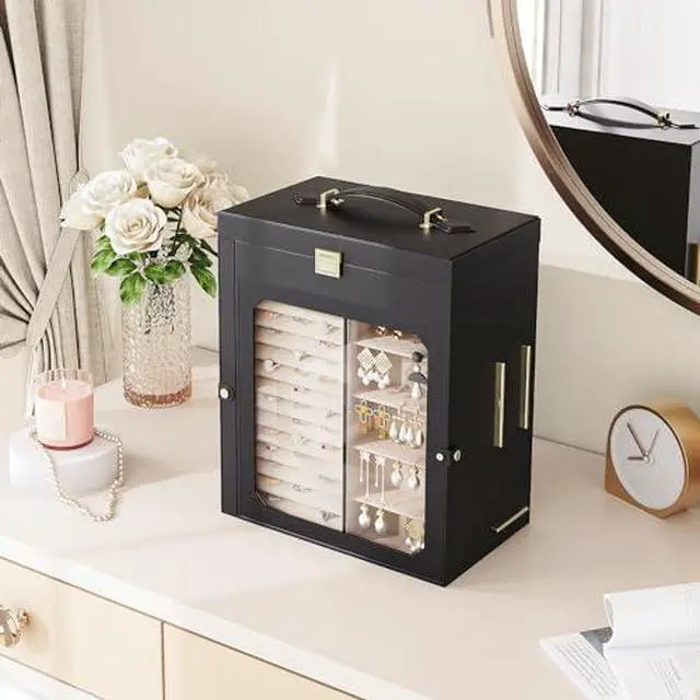 Alt view image 2 of 7 - Jewelry Box with Mirror and 5-Tier Jewelry Box Bundle, Travel Jewelry Organizer with Glass Window, Jewelry Storage Box with 2 Vertical Drawers, BK03JB04G2-BH19JB04
