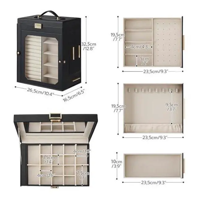 Alt view image 3 of 7 - Jewelry Box with Mirror and 5-Tier Jewelry Box Bundle, Travel Jewelry Organizer with Glass Window, Jewelry Storage Box with 2 Vertical Drawers, BK03JB04G2-BH19JB04