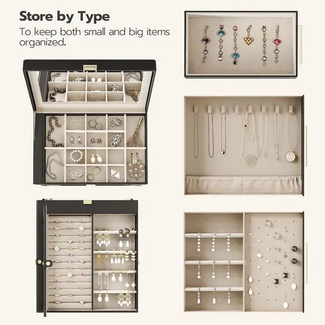 Alt view image 4 of 7 - Jewelry Box with Mirror and 5-Tier Jewelry Box Bundle, Travel Jewelry Organizer with Glass Window, Jewelry Storage Box with 2 Vertical Drawers, BK03JB04G2-BH19JB04