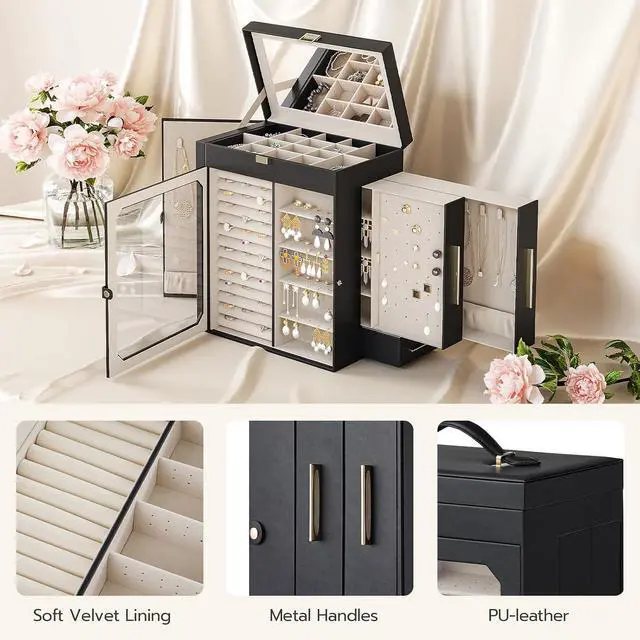 Alt view image 5 of 7 - Jewelry Box with Mirror and 5-Tier Jewelry Box Bundle, Travel Jewelry Organizer with Glass Window, Jewelry Storage Box with 2 Vertical Drawers, BK03JB04G2-BH19JB04