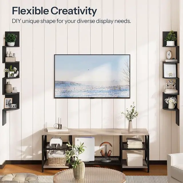 Alt view image 3 of 7 - Corner Shelf Wall-Mounted, Set of 2 Floating Corner Shelves for Wall, 5-Tier Corner Bookshelves for Living Room, Bedroom, Bathroom, Home Office, Black BK26BJP201
