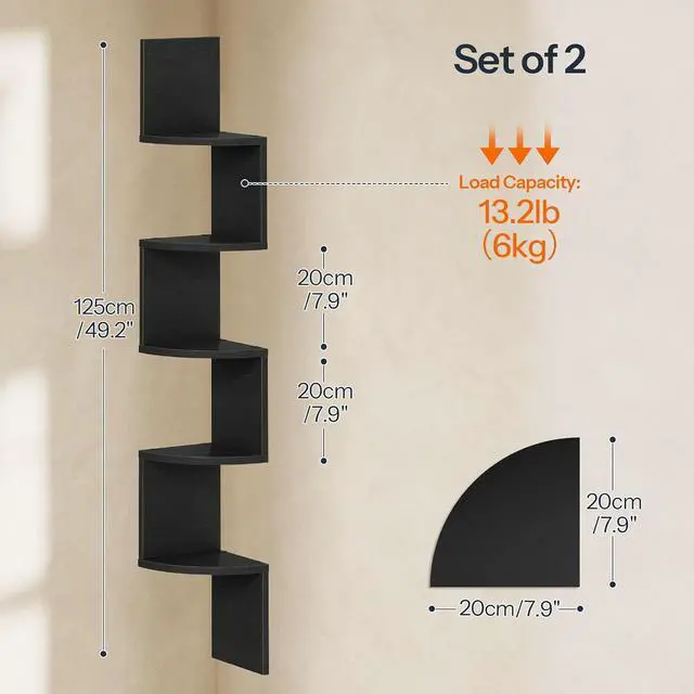 Alt view image 2 of 7 - Corner Shelf Wall-Mounted, Set of 2 Floating Corner Shelves for Wall, 5-Tier Corner Bookshelves for Living Room, Bedroom, Bathroom, Home Office, Black BK26BJP201