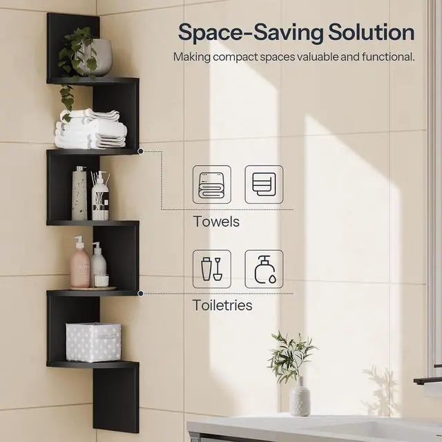 Alt view image 6 of 7 - Corner Shelf Wall-Mounted, Set of 2 Floating Corner Shelves for Wall, 5-Tier Corner Bookshelves for Living Room, Bedroom, Bathroom, Home Office, Black BK26BJP201