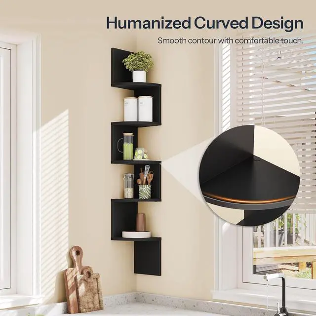 Alt view image 5 of 7 - Corner Shelf Wall-Mounted, Set of 2 Floating Corner Shelves for Wall, 5-Tier Corner Bookshelves for Living Room, Bedroom, Bathroom, Home Office, Black BK26BJP201