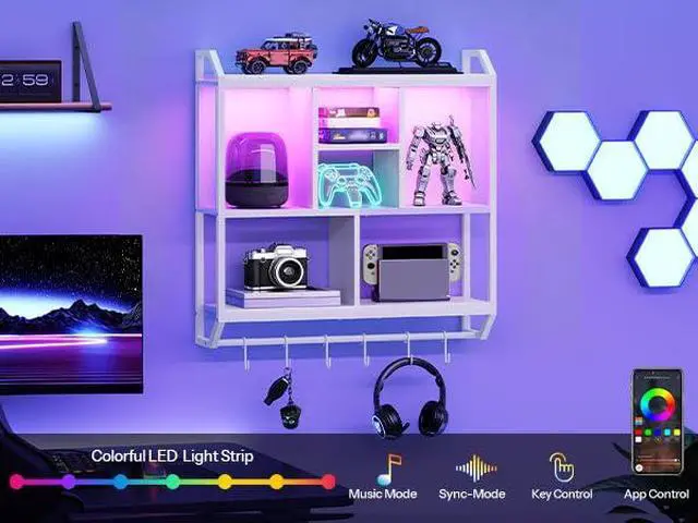 Alt view image 4 of 7 - Gaming Floating Shelves with LED Lights, 28.7" LED Wall Mounted Shelf, 3-Tier Display Rack for Wall Storage, Floating Rack with Hanging Rod and 6 S-Hooks, for Gaming Room, White WT70DBJ01