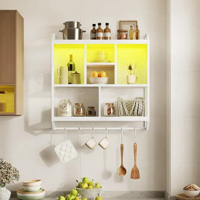 Alt view image 5 of 7 - Gaming Floating Shelves with LED Lights, 28.7" LED Wall Mounted Shelf, 3-Tier Display Rack for Wall Storage, Floating Rack with Hanging Rod and 6 S-Hooks, for Gaming Room, White WT70DBJ01