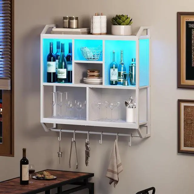 Alt view image 6 of 7 - Gaming Floating Shelves with LED Lights, 28.7" LED Wall Mounted Shelf, 3-Tier Display Rack for Wall Storage, Floating Rack with Hanging Rod and 6 S-Hooks, for Gaming Room, White WT70DBJ01