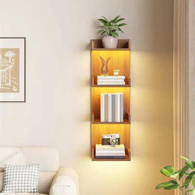 Alt view image 2 of 7 - Floating Wall Shelves with LED Lights, Floating Shelf Wall Mounted | Shelf for Storage, Vertical Display Stand, Modern Column Rack, for Bedroom, Livingroom, 4-Tier, 35.4 Inches, Walnut